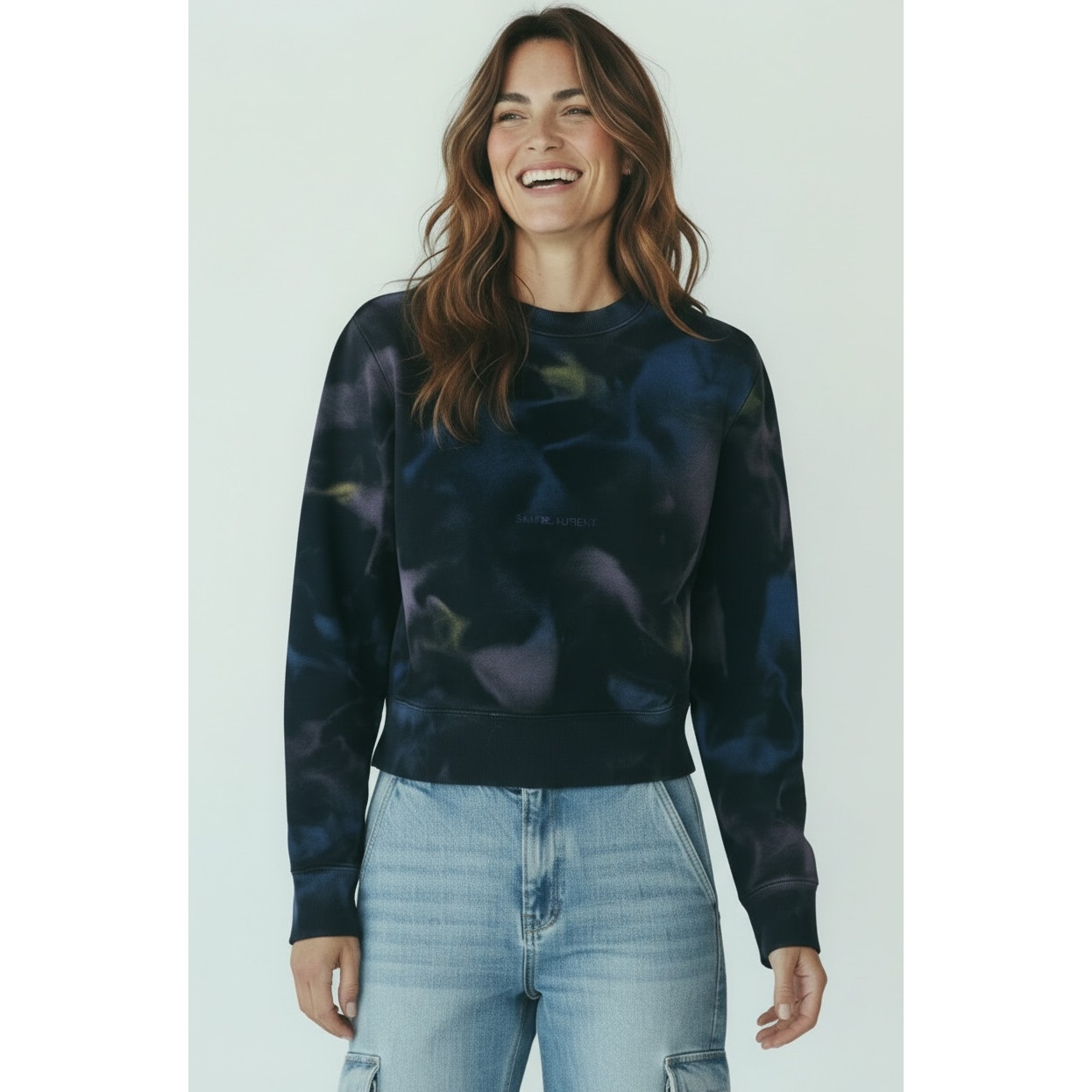 Saint Laurent Paris Tie Dye Logo Sweatshirt Blue Purple Cotton Size S